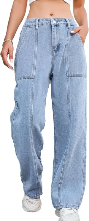 Womens Wide Leg Jeans High Waisted Seamed Baggy Demin Pants Casual Jean Pants with Pockets Trouser Jeans