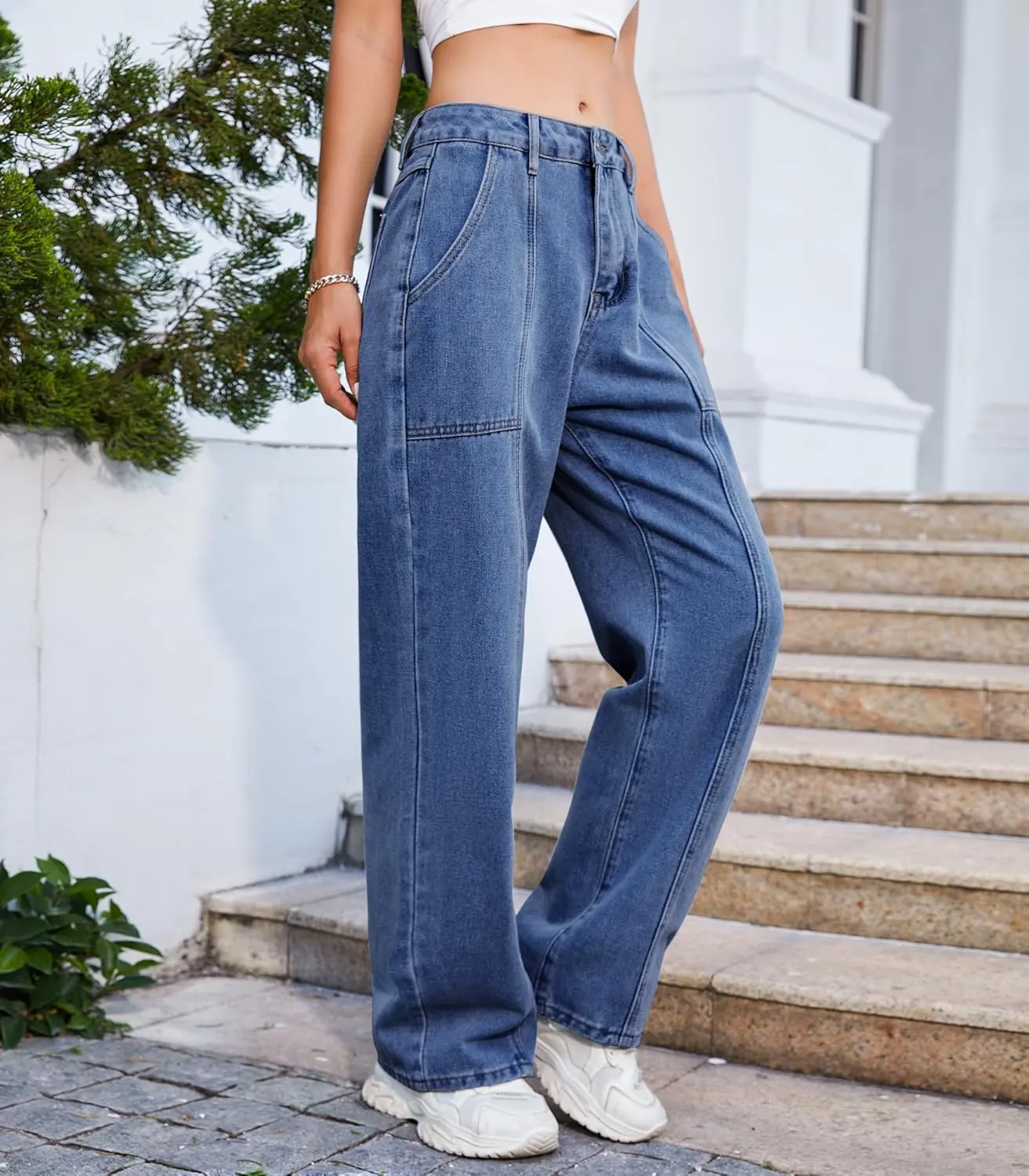 Womens Wide Leg Jeans High Waisted Seamed Baggy Demin Pants Casual Jean Pants with Pockets Trouser Jeans