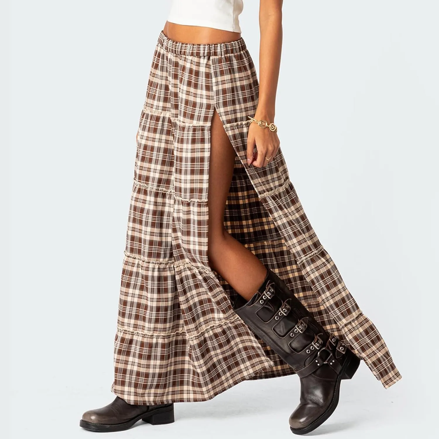 Women's Y2K Plaid Maxi Skirts Elastic Waist Side Slit Tiered Skirt Vintage Summer Flowy Gingham A Line Skirts