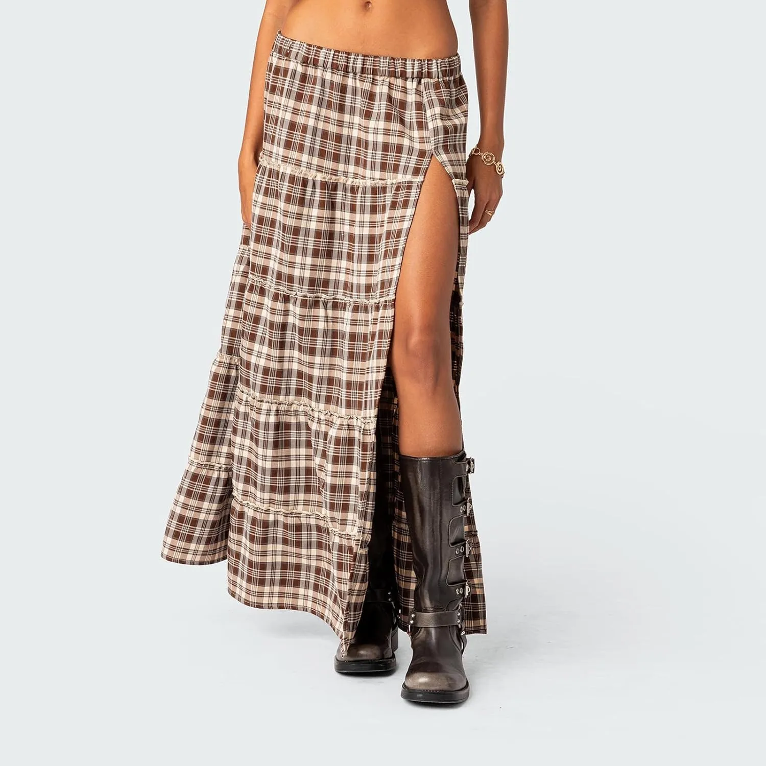 Women's Y2K Plaid Maxi Skirts Elastic Waist Side Slit Tiered Skirt Vintage Summer Flowy Gingham A Line Skirts