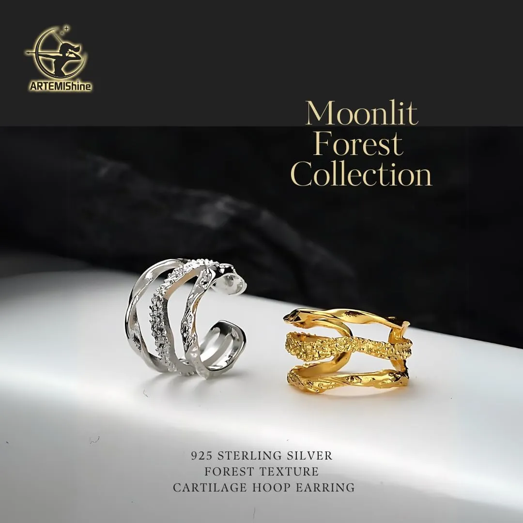 Wooden Textured Ear Cuff, Non-Pierced Cartilage Ring, Sterling Silver and 18K Gold-Plated, Nature-Inspired Design, Unisex Earring for Men and Women