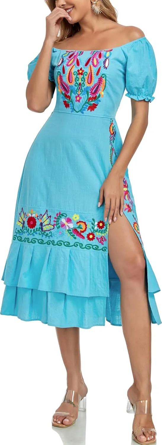 YZXDORWJ Mexican Dress for Women Boho Embroidered Sexy Ruffle Maxi Dress Short Sleeve Summer Beach Swing Wedding Party Dress