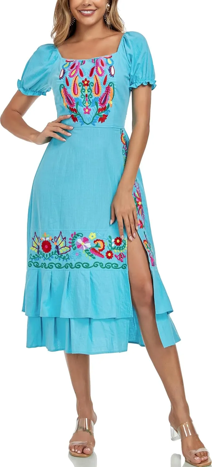 YZXDORWJ Mexican Dress for Women Boho Embroidered Sexy Ruffle Maxi Dress Short Sleeve Summer Beach Swing Wedding Party Dress