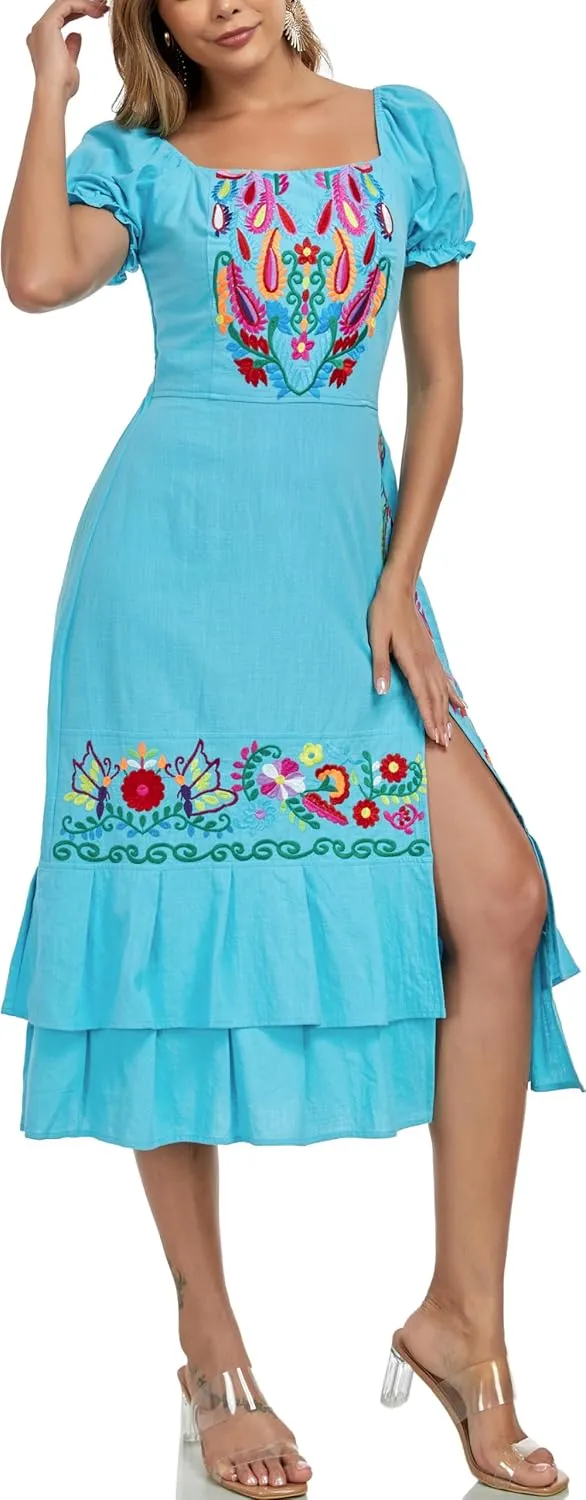 YZXDORWJ Mexican Dress for Women Boho Embroidered Sexy Ruffle Maxi Dress Short Sleeve Summer Beach Swing Wedding Party Dress