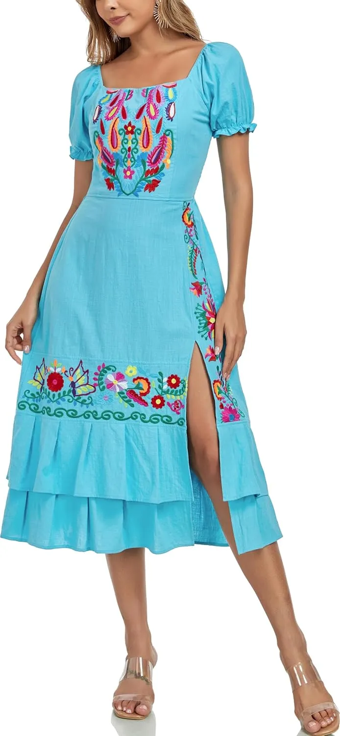 YZXDORWJ Mexican Dress for Women Boho Embroidered Sexy Ruffle Maxi Dress Short Sleeve Summer Beach Swing Wedding Party Dress