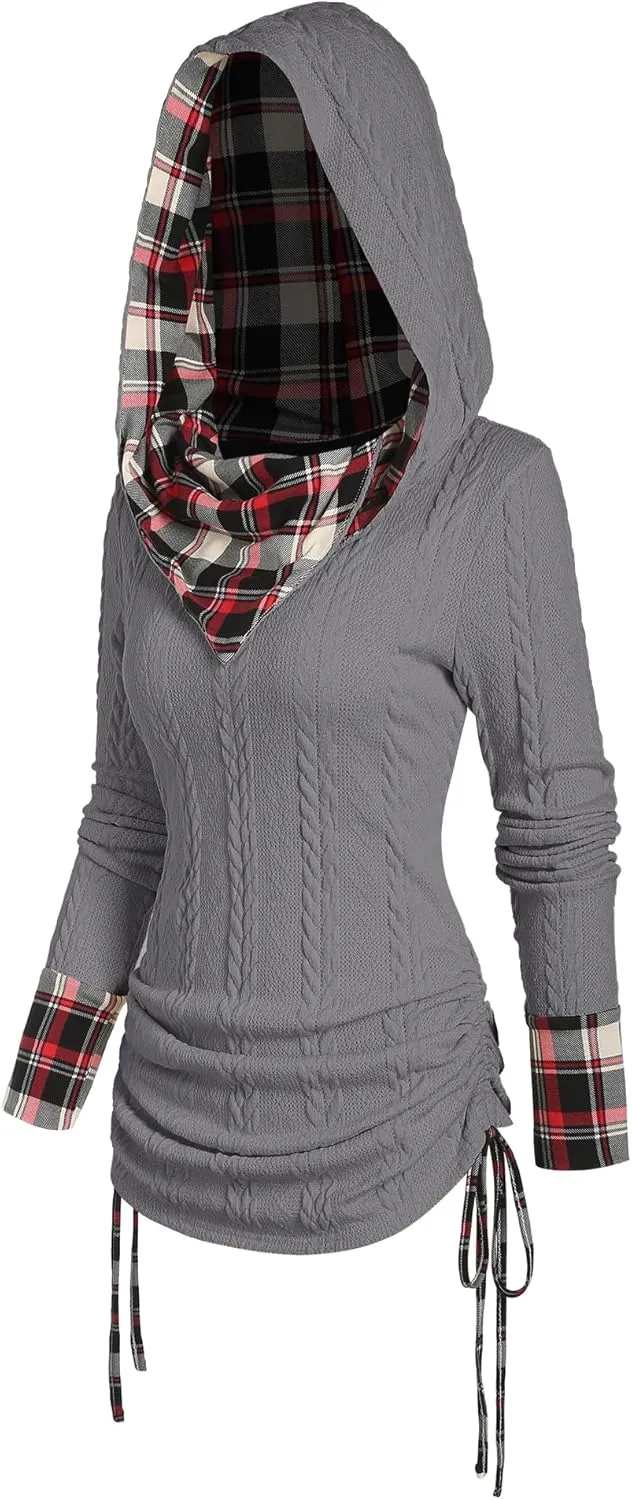 ZEZCLO Women's Twisted Cable Knit Plaid Print Hooded Sweater Drawstring Ruched Shawl Neck Knit Top