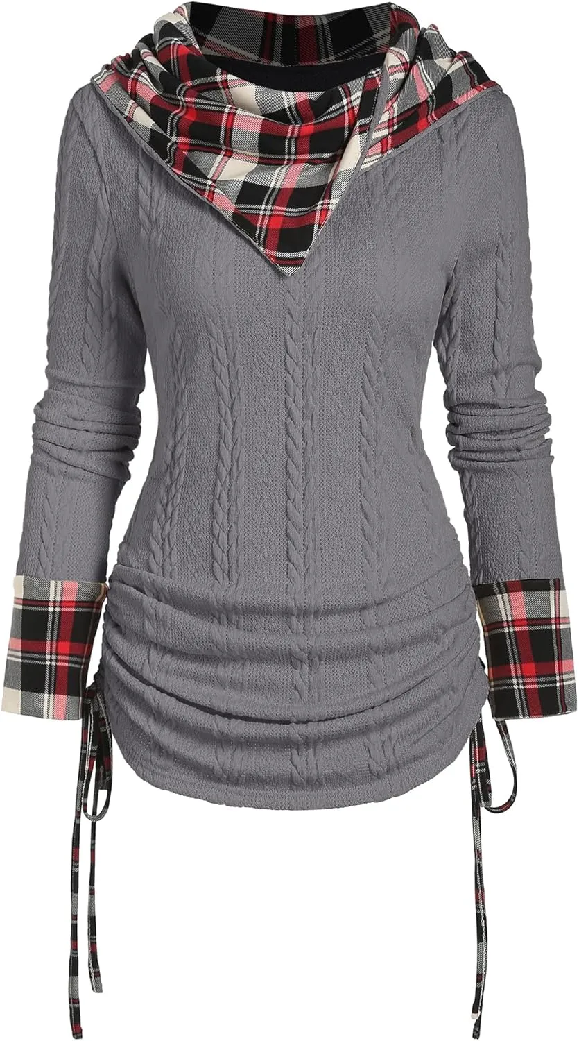 ZEZCLO Women's Twisted Cable Knit Plaid Print Hooded Sweater Drawstring Ruched Shawl Neck Knit Top