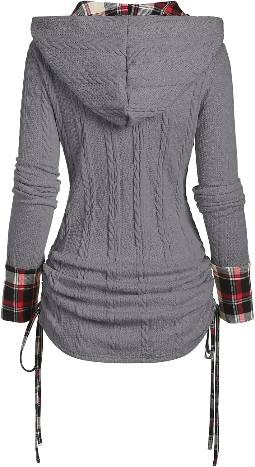 ZEZCLO Women's Twisted Cable Knit Plaid Print Hooded Sweater Drawstring Ruched Shawl Neck Knit Top