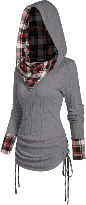 ZEZCLO Women's Twisted Cable Knit Plaid Print Hooded Sweater Drawstring Ruched Shawl Neck Knit Top