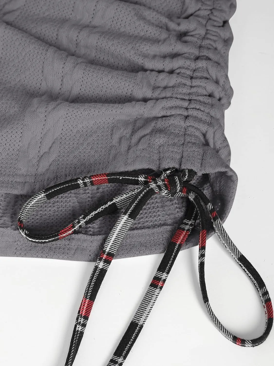 ZEZCLO Women's Twisted Cable Knit Plaid Print Hooded Sweater Drawstring Ruched Shawl Neck Knit Top
