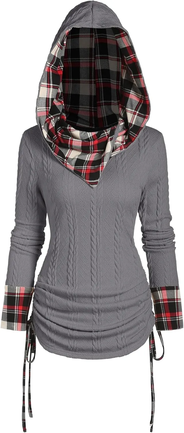 ZEZCLO Women's Twisted Cable Knit Plaid Print Hooded Sweater Drawstring Ruched Shawl Neck Knit Top