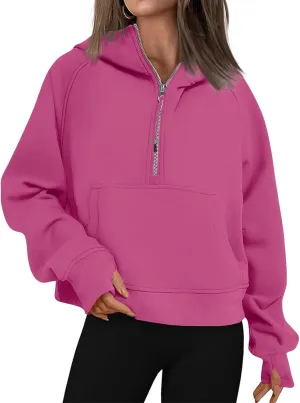 Zip Up Hoodie Women Fall Winter Sweatshirt Drop Shoulder Half Zip Pullover Sweaters Long Sleeve Tops With Pocket